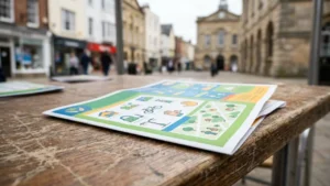 A flyer with colorful icons sits on an outdoor wooden table in a town square.
