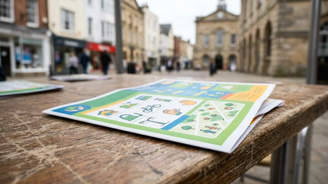 A flyer with colorful icons sits on an outdoor wooden table in a town square.