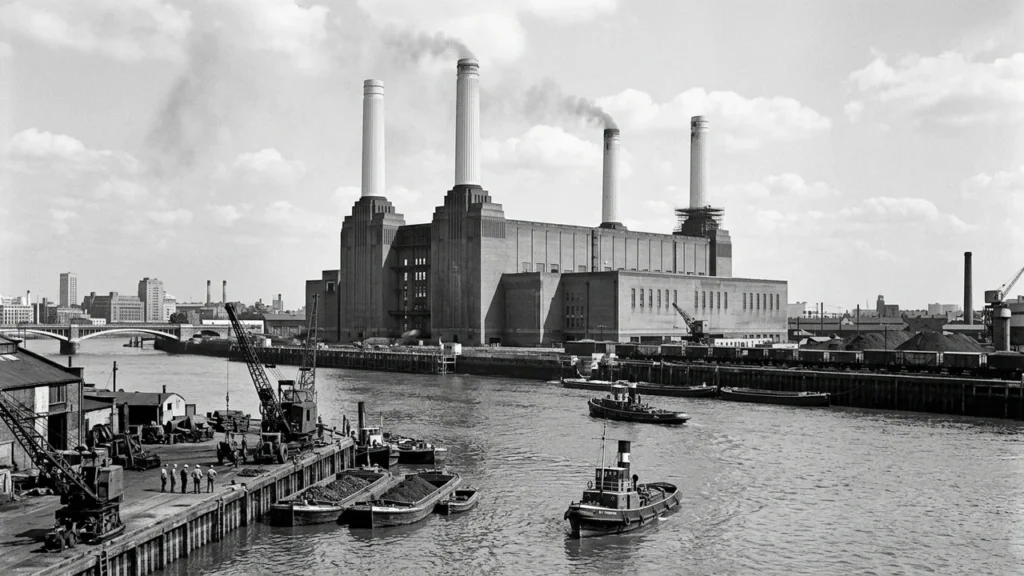 The iconic Battersea Power Station in London with smoke rising from its four tall chimneys.