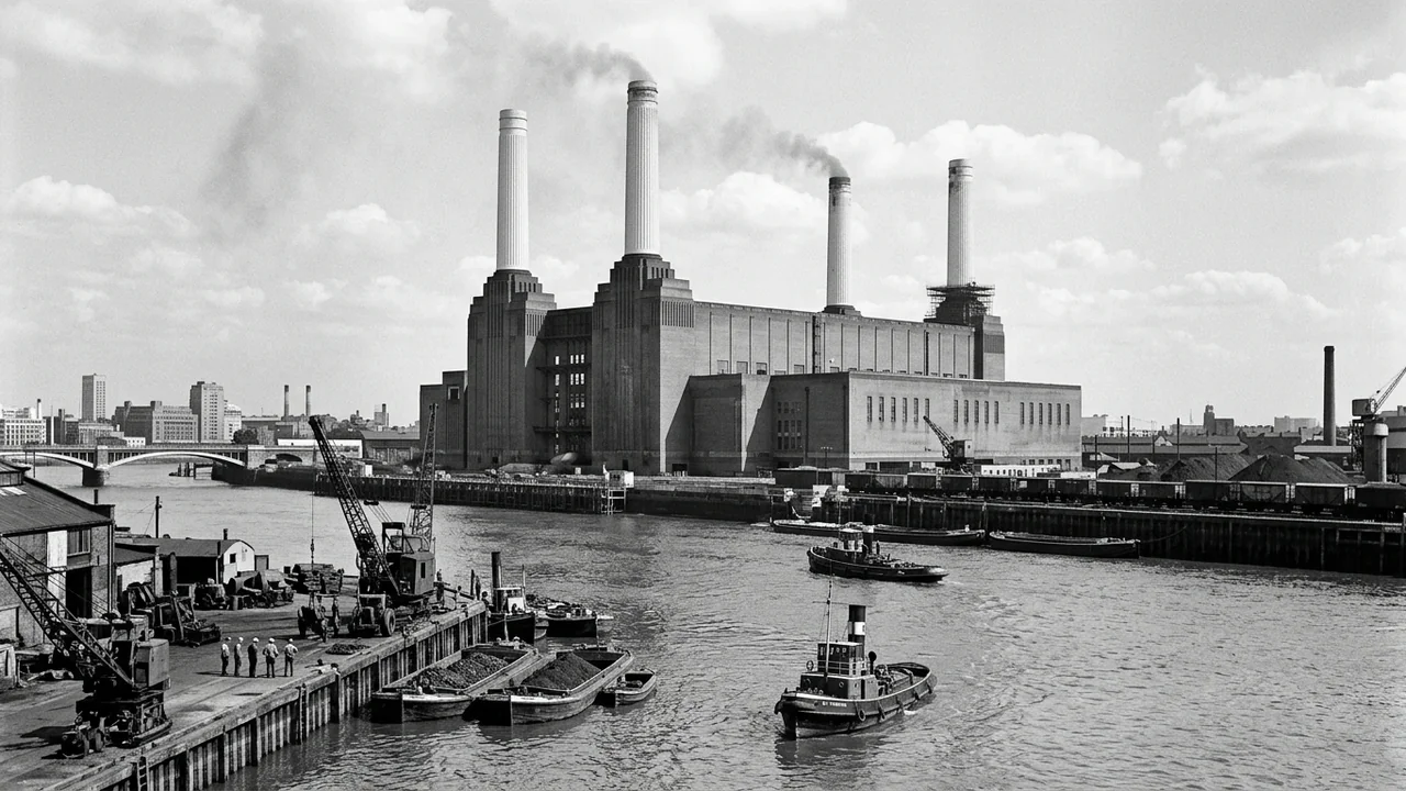 The iconic Battersea Power Station in London with smoke rising from its four tall chimneys.