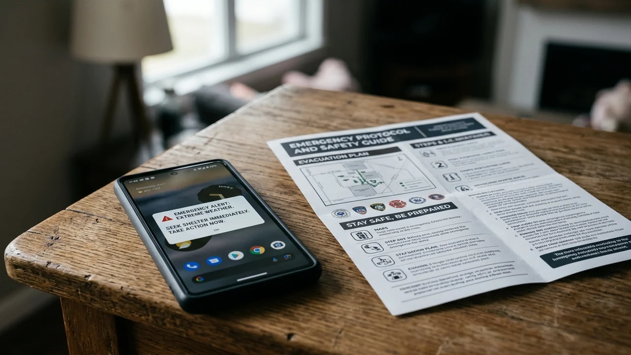 A smartphone displaying an emergency weather alert next to a printed safety evacuation guide.