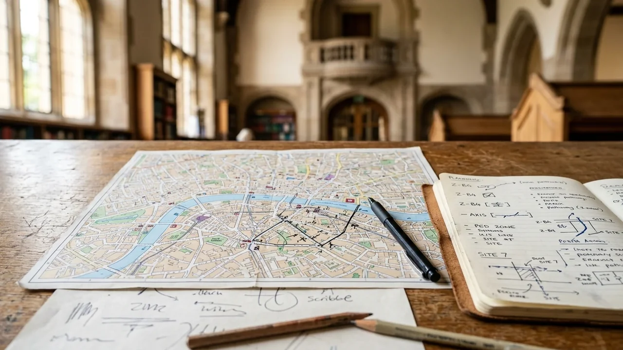 A paper map and open notebook with handwritten planning notes sit on a wooden desk.