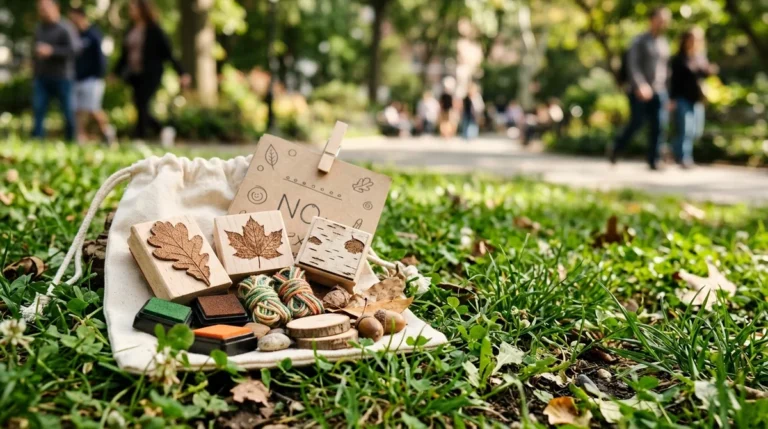 Wooden leaf stamps and small ink pads rest on a cloth bag outdoors.