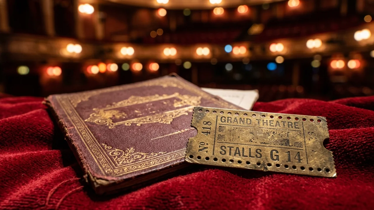 An antique theater ticket rests on a red velvet seat before an empty auditorium.