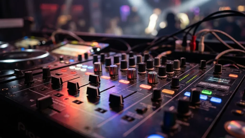 Close up of a professional DJ mixing console with illuminated buttons and audio knobs.