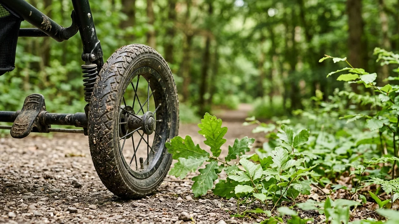 Close up of a muddy stroller wheel on a gravel forest trail path.