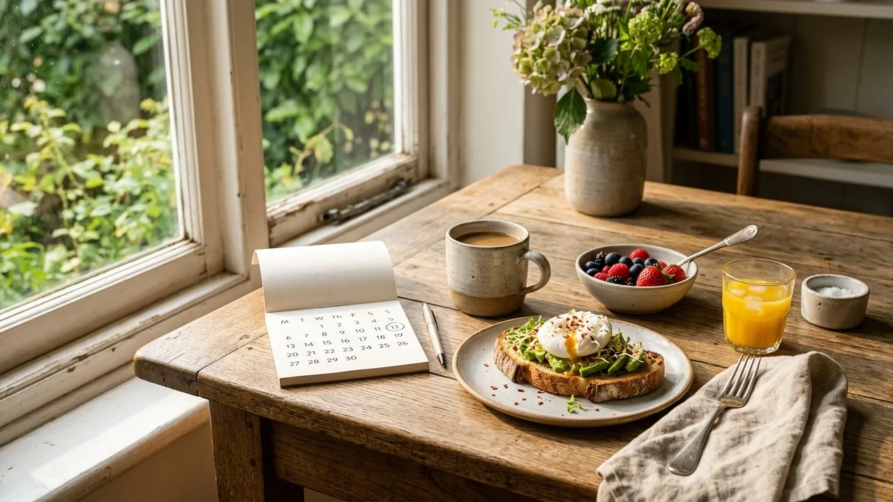 A rustic wooden breakfast table featuring avocado toast, a coffee mug, and a desk calendar.