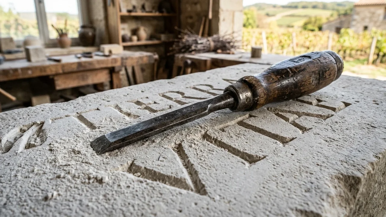 A wooden handled chisel resting on a stone block carved with the word TIERRA.