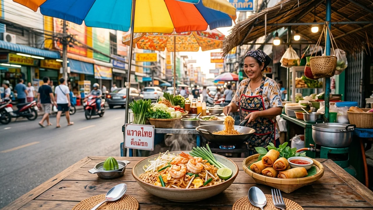 A smiling street food vendor cooks noodles in a wok at a Thai market.