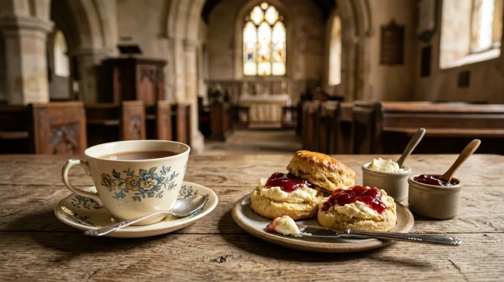 A cup of tea and scones with jam and cream inside a historic church.