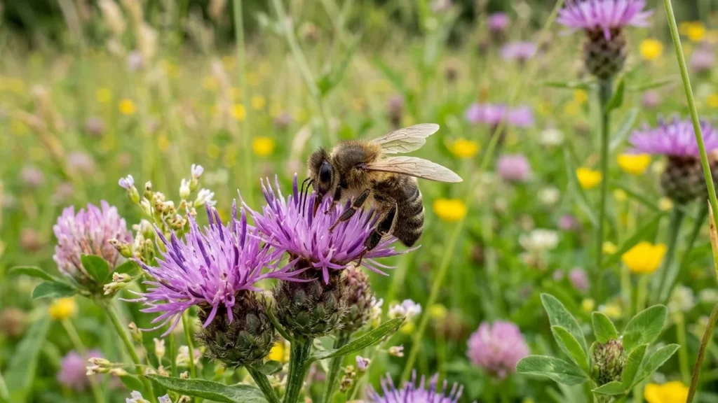 A fuzzy honey bee perched on a vibrant purple wildflower in a meadow.