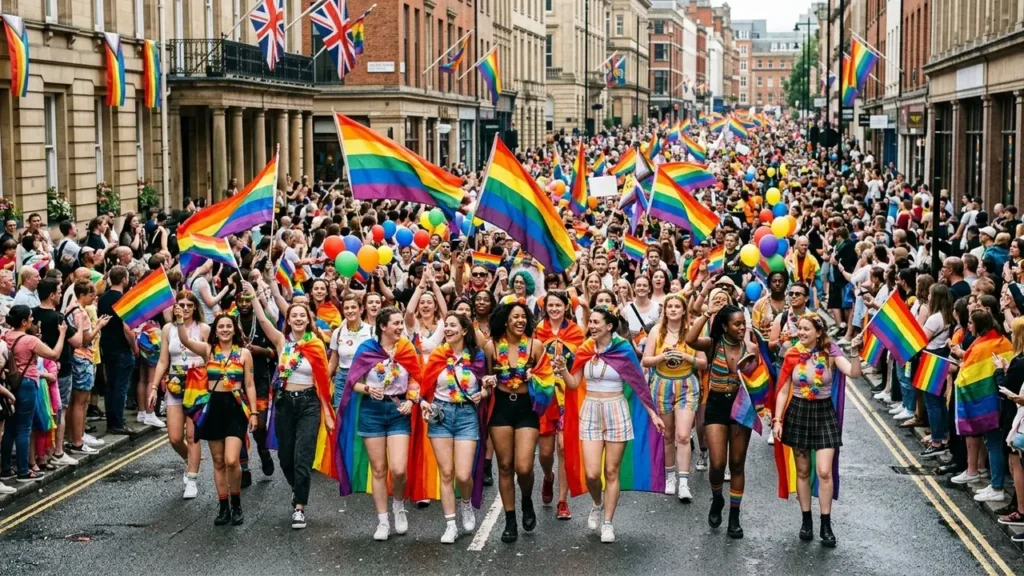 A large crowd of diverse people walking down a city street during Pride parade.