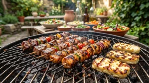 Meat and vegetable skewers grilling on a barbecue next to pieces of halloumi cheese.