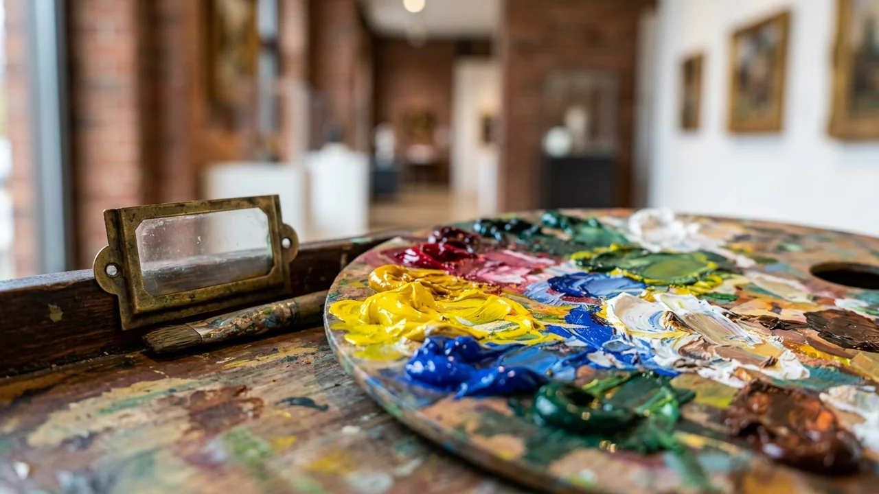 A wooden painter's palette covered in thick, vibrant oil paints sits inside an art gallery.