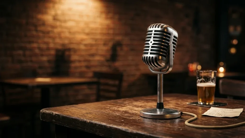 A vintage silver microphone stands on a wooden table in a dimly lit bar.