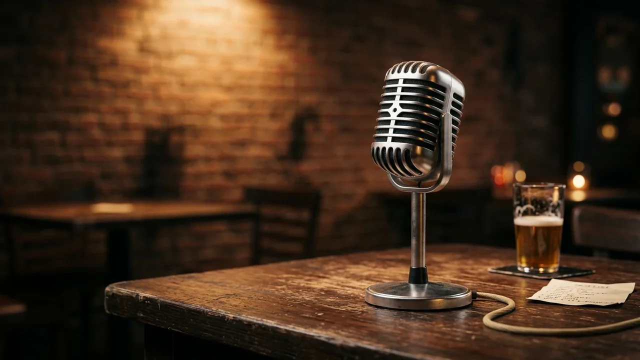A vintage silver microphone stands on a wooden table in a dimly lit bar.