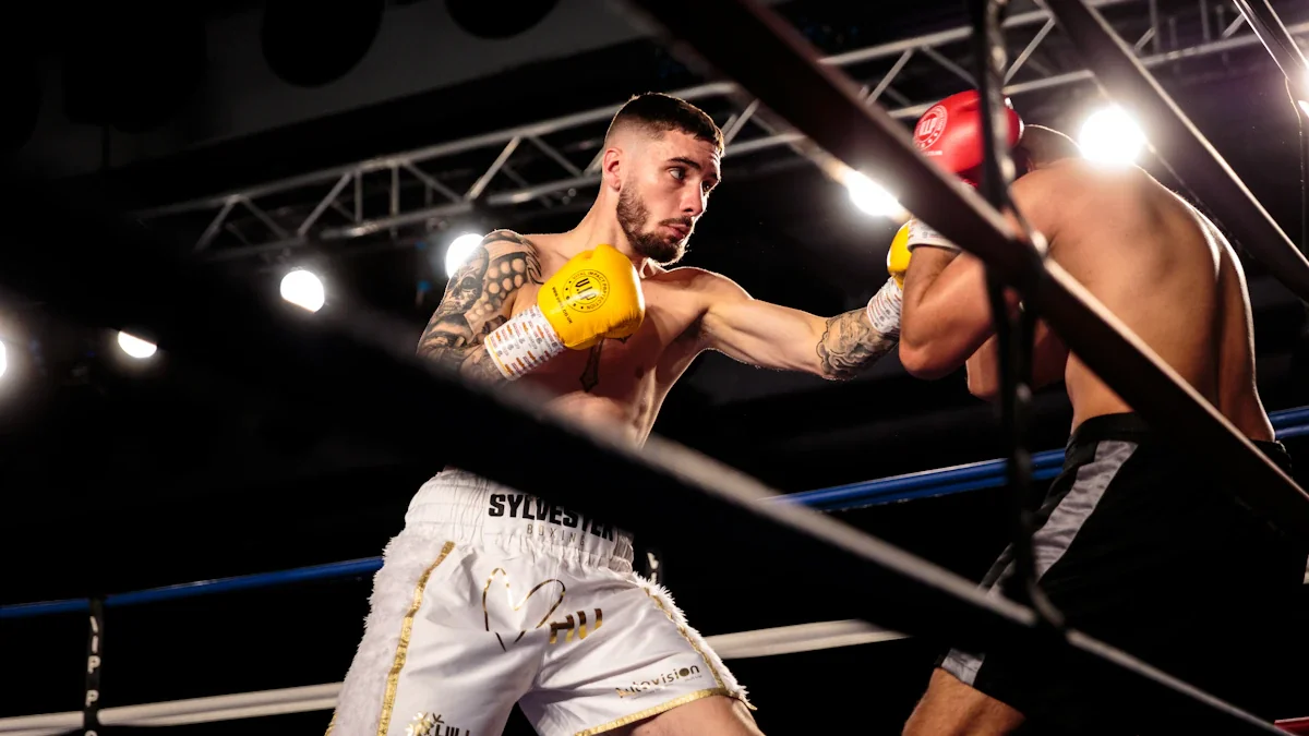 Professional boxer throwing a punch during a competitive match in a boxing ring.