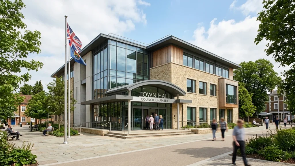 Modern stone and glass Town Hall building with a flagpole under a sunny sky.
