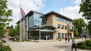 Modern stone and glass Town Hall building with a flagpole under a sunny sky.
