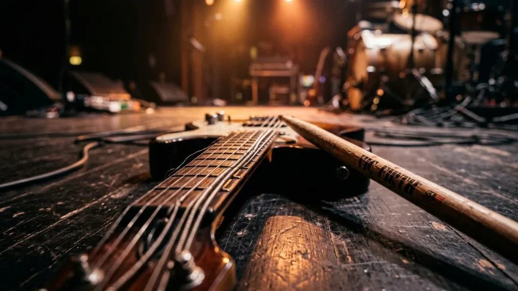 An electric guitar and a drumstick resting on a dark, wooden stage floor.