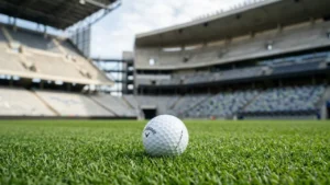 A white Callaway golf ball resting on the green grass of an empty stadium.