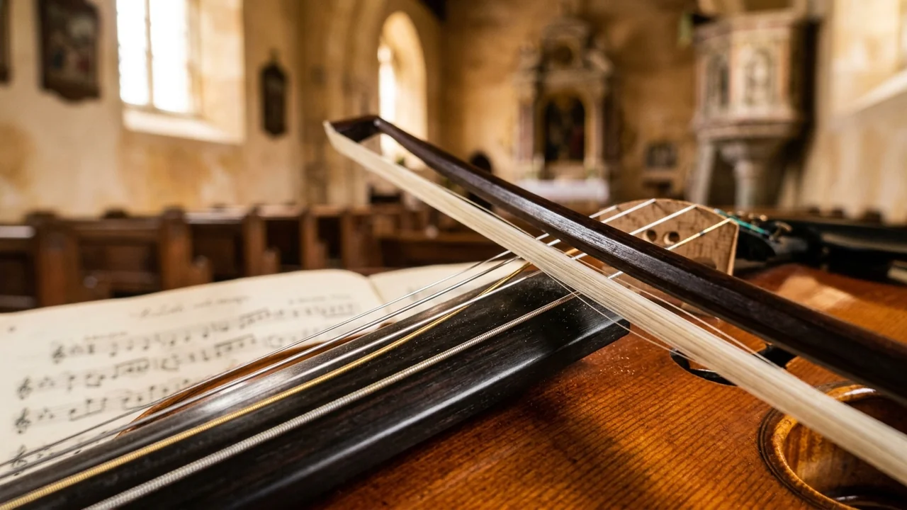 Close-up of a violin and bow resting on sheet music inside a church.