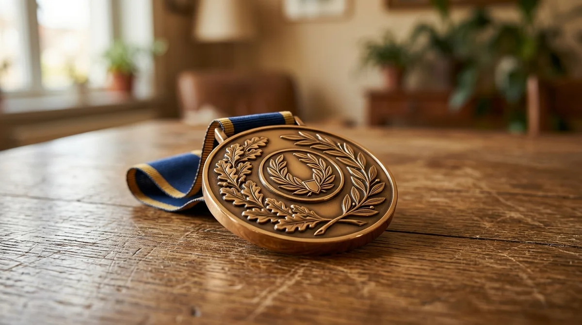 A bronze medal with an oak leaf design resting on a wooden table surface.