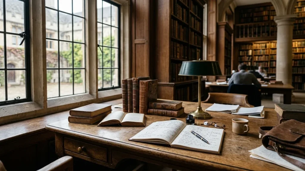 A wooden desk in an academic library with books, a lamp, and handwritten notes.