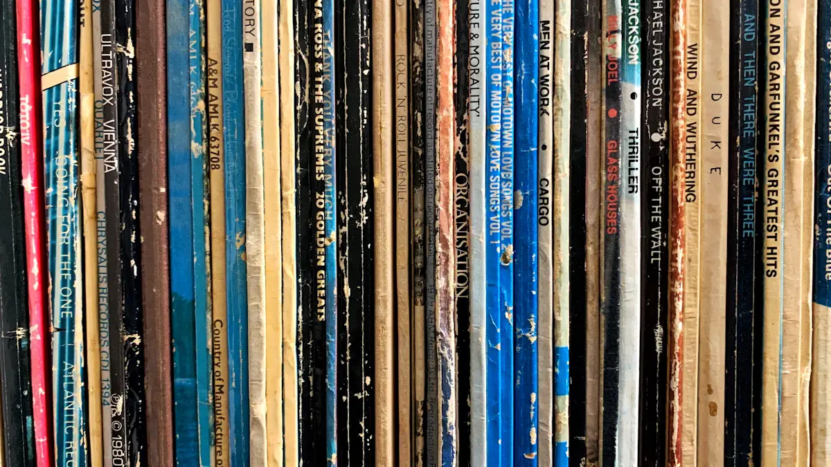 An authentic collection of original vintage vinyl records on a shelf in a home.