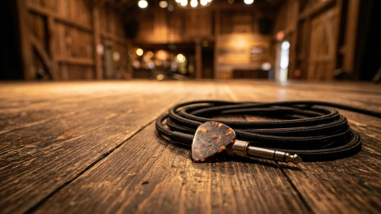 A tortoise shell guitar pick rests on a coiled instrument cable on a wooden floor.