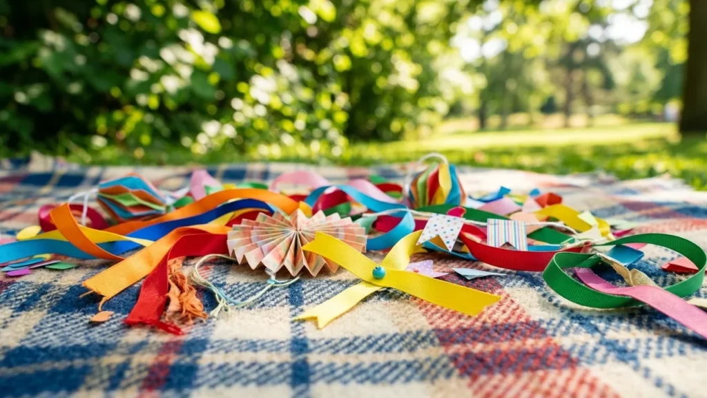 Colorful ribbons and paper decorations lie scattered on a plaid blanket outdoors in nature.