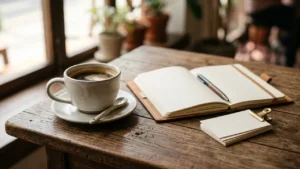 A cup of coffee next to an open notebook and notepad on wooden table.