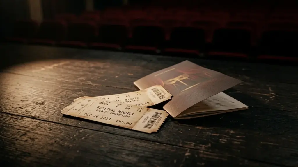 Two theater tickets and a printed program resting on a dark wooden stage surface.