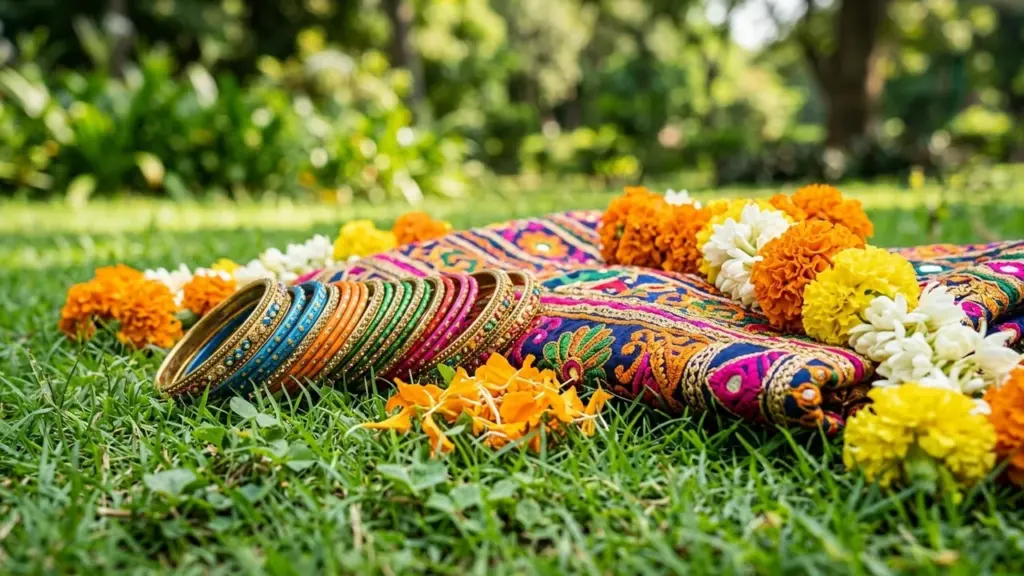 Colorful Indian bangles and traditional embroidered fabric displayed on green grass with marigold flowers.