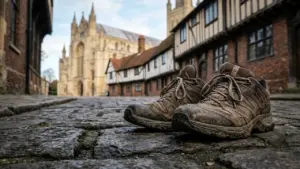 A pair of muddy hiking shoes sits on a historic cobblestone street near a cathedral.
