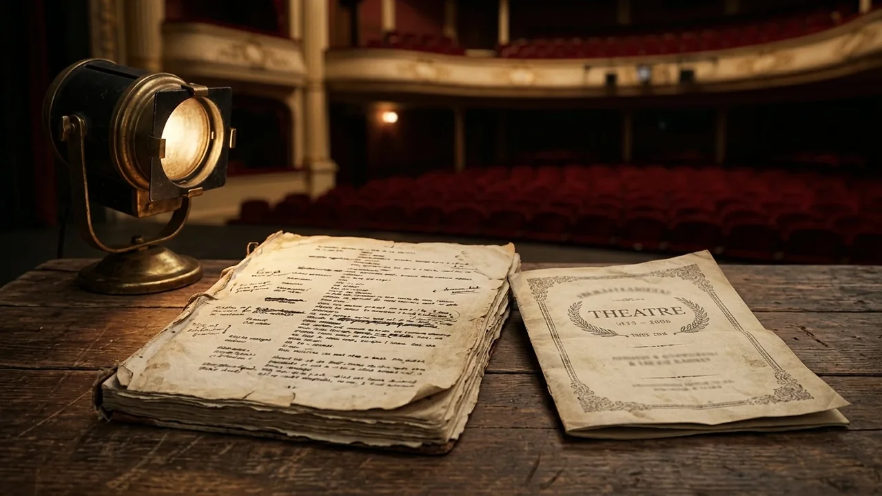 An old script and vintage spotlight rest on a wooden table inside a theater.