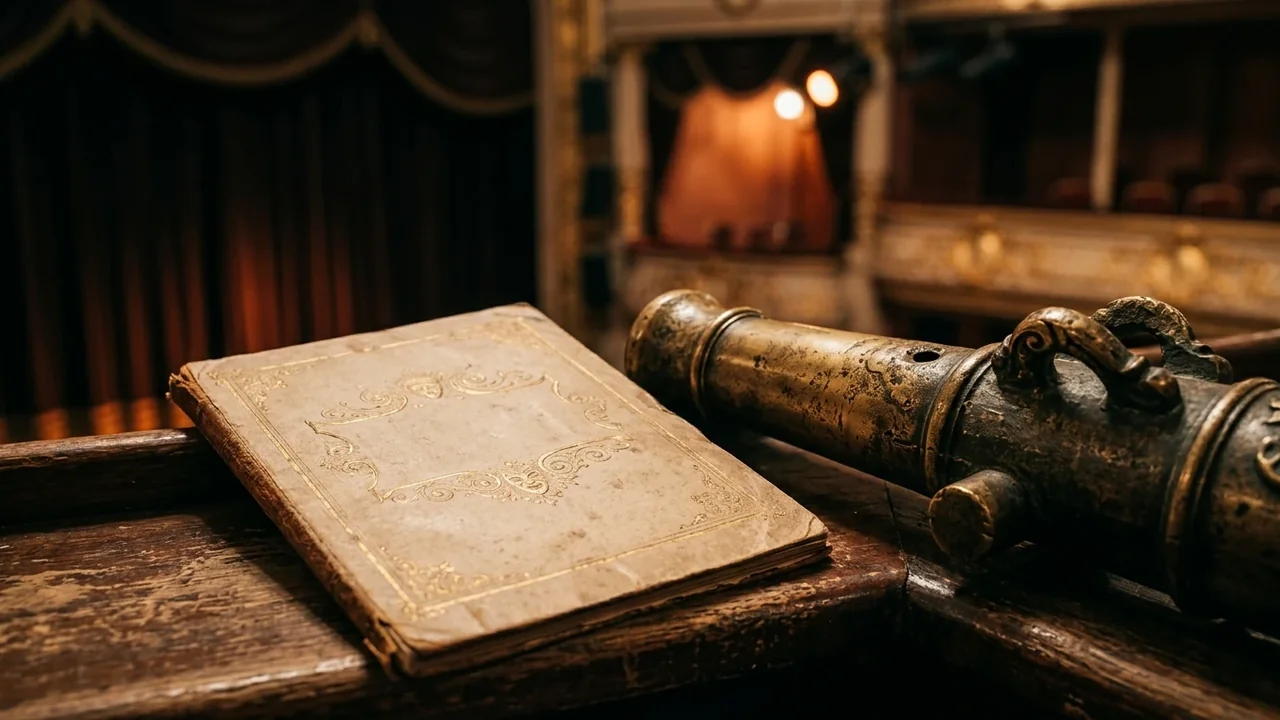 An antique book and a decorative vintage cannon rest on a wooden stage backdrop.