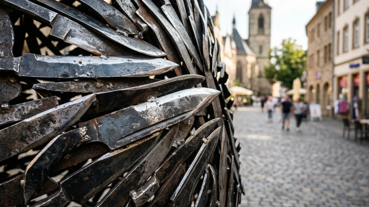 Close-up of a large sculpture made from many sharp, rusted metal knives welded together.