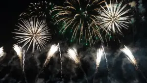 Brilliant fireworks display illuminating the night sky over the Lancashire coast during festival.