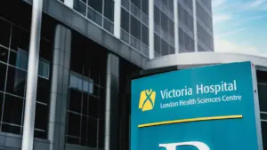 Entrance signage of the London Health Sciences Centre Victoria Hospital.