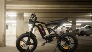 An electric moped parked in a concrete parking garage, representing urban transport.