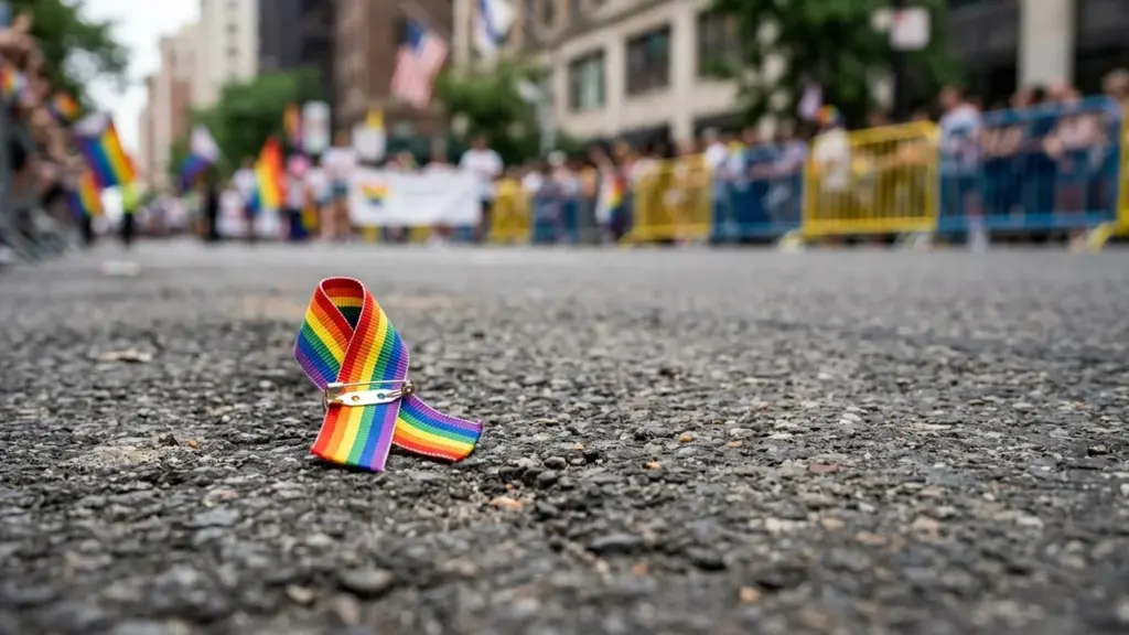 A small rainbow pride ribbon lies on an asphalt city street during a parade.