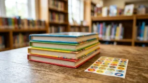 A stack of colorful children's books sitting on a wooden table in a library.
