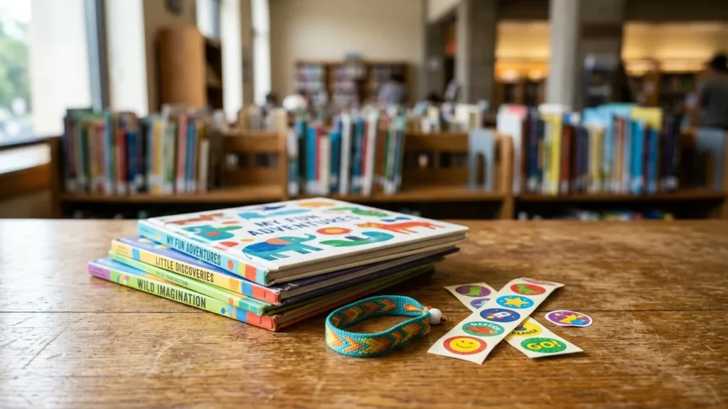 A stack of children's books and colorful stickers on a wooden library table.