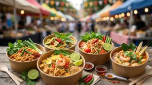 Four bowls of varied Thai noodle and soup dishes on a rustic outdoor table.