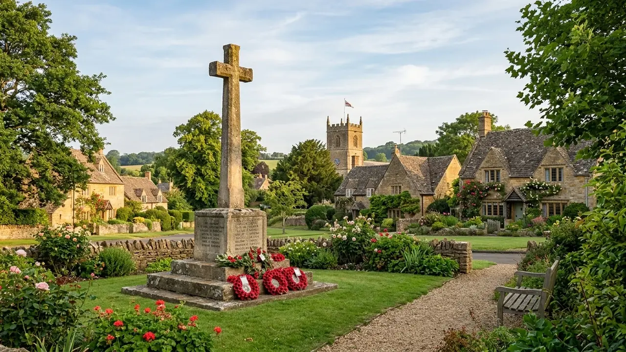 A stone war memorial cross with poppy wreaths in a historic English village garden.
