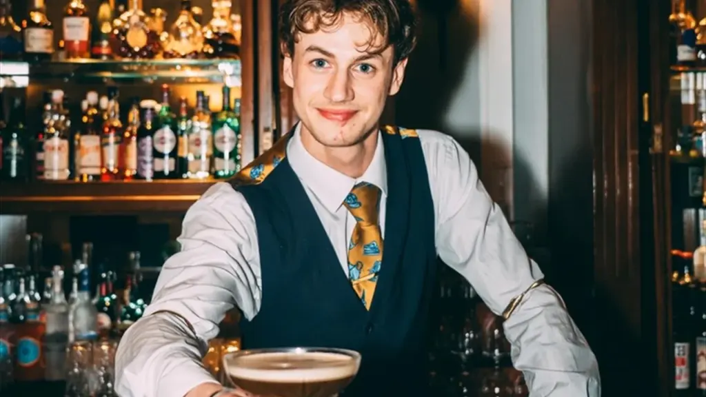 A friendly bartender in a formal vest and tie serving a cocktail at night.