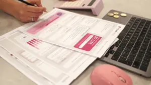 Close up of person filling out paperwork and calculating financial documents with a laptop.
