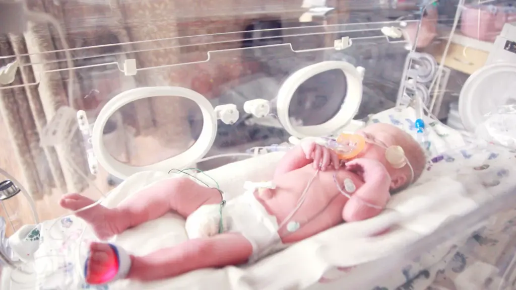 A premature baby receiving oxygen support inside a neonatal intensive care unit incubator.
