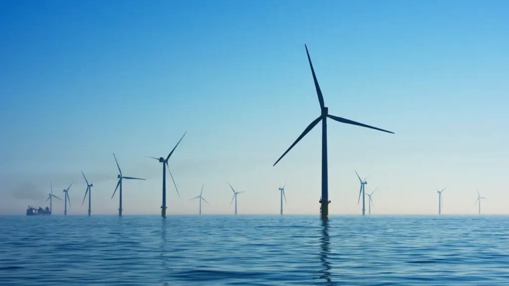 Offshore wind turbines standing in the open sea under a clear blue sky.